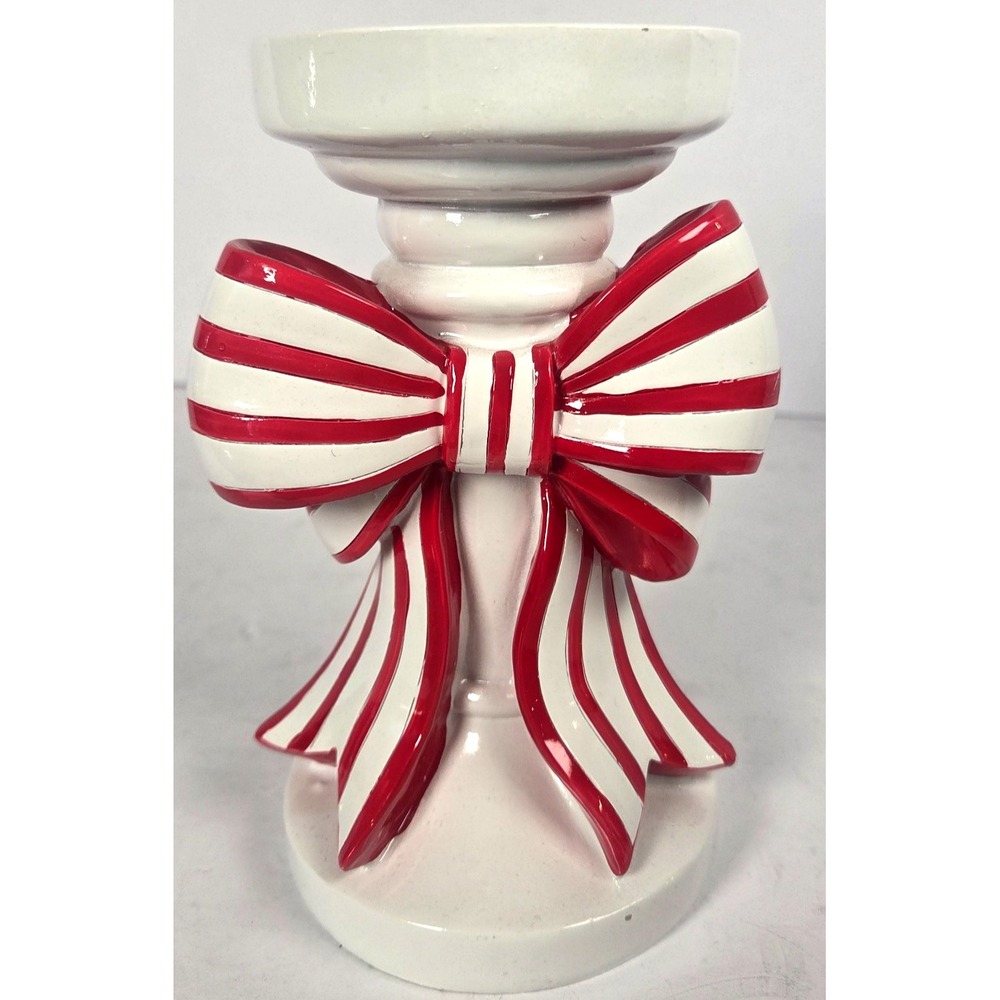 Christmas Bow Candle Holder Red White Striped Pedestal 7 Inch Holiday Decor